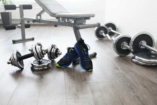 Dumbbells, barbells and multi-gym placed in a room.